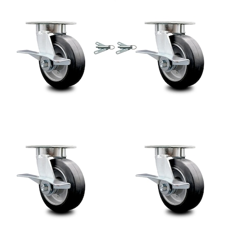 6 Inch Kingpinless Rubber on Aluminum Wheel Caster Brakes 2 Swivel Locks 4PK